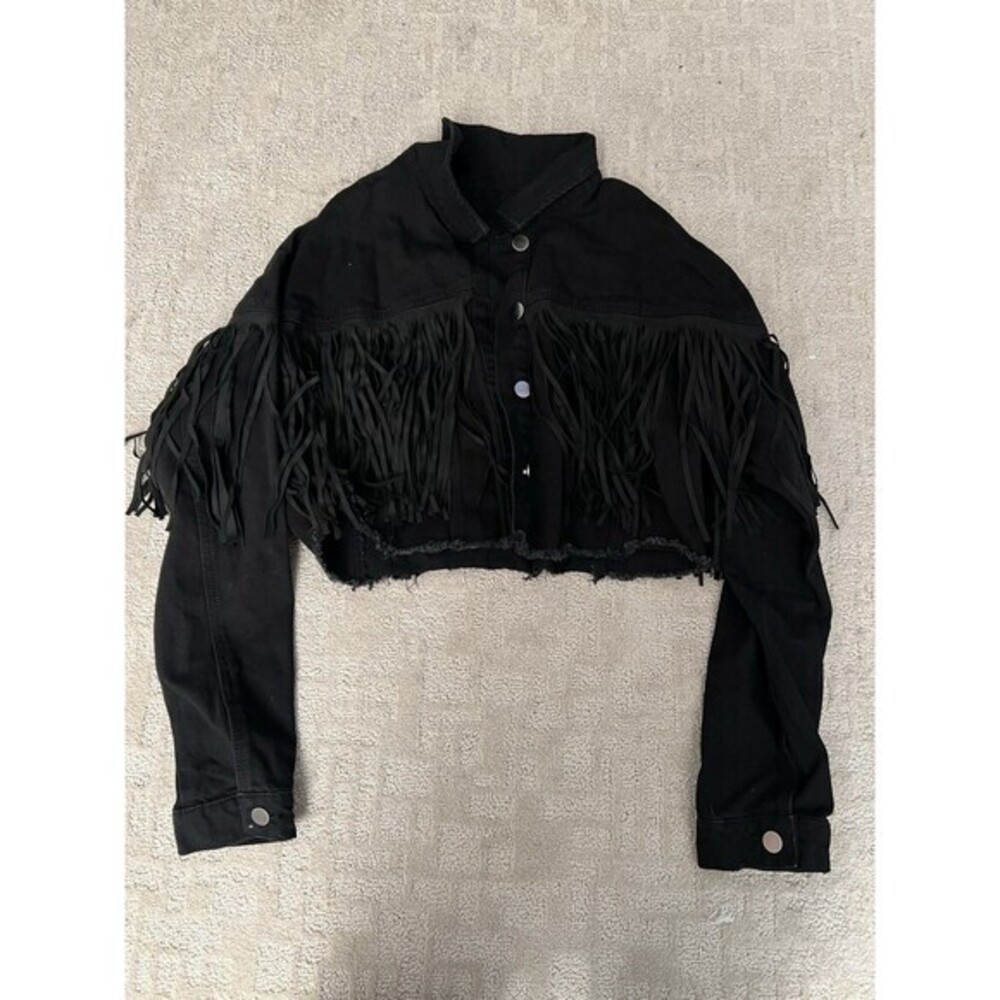 Black Denim Cropped Jacket‎ Fringed Western Style Long Sleeve
